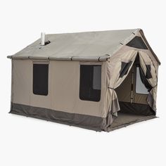 a tent with the door open and windows closed