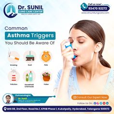 Breathe Easy: Stay Informed About These Common Asthma Triggers. At DR Sunil Lung Care Center, we're here to help you manage your asthma and enjoy a healthier life. 💙🌿 🌐 www.drsunillungcare.com 📞 Contact: +91 93470 92272. #drsunilungcarecenter #breath #Pulmonology #pulmonologist #Hospital #lunghospital #lunghealth #lungs #asthmaawareness #asthma #asthmatriggers Asthma Triggers, Hospital Branding, Healthy Lungs, Pulmonology, Lungs Health, Creative Advertising Design, Asthma Attacks, Breathe Easy, Graphic Designing