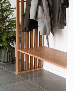 a coat rack with coats hanging on it and a potted plant next to it