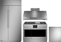 stainless steel kitchen appliances including refrigerator, stove and range top oven are shown in front of a white background