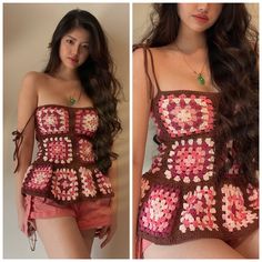 two pictures of a woman wearing short shorts and a crocheted top with flowers on it