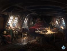 an image of a living room in a fantasy setting with furniture and decor on the floor