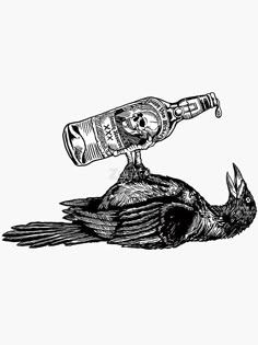 an ink drawing of a bird with a bottle in its beak