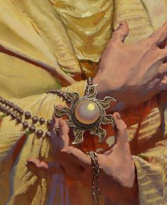 a painting of a person holding a necklace