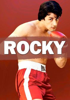 a man with no shirt on holding a boxing glove in his right hand and the words rocky above him