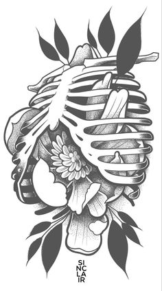 a black and white drawing of a skeleton with flowers on it's head, surrounded by leaves