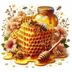 a painting of honey and bees on a white background with pink flowers, beehive and honeycombs