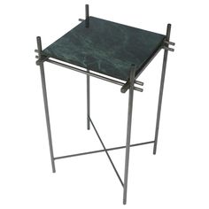 a green marble side table with two metal legs and an iron frame on the top