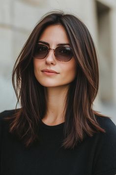 dark brown hair, dimensional highlights, captivating hair Dark Short Hairstyles, Medium Hair Highlights Brown, Dark Brown Ombre Medium Length, Brown Haircut Ideas Medium, Asian Long Face Hairstyles, Med Length Hair With Layers Medium Long, Long Brown Hair Side Part, Medium Dark Hair With Layers, Dark Medium Length Hair With Highlights