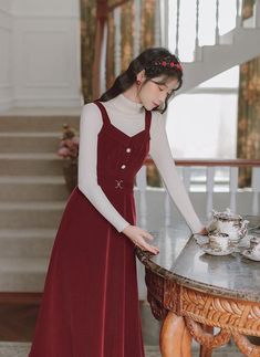 Winter Corduroy Brown Dress, Corduroy Overall Dress Long, Korean Pinafore Dress, Red Courderoy Overall Dress, Academia Dress, Dark Academia Dress, Red Dress Peter Pan Collar, Deer Doll, Cami Midi Dress