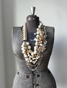 As we head into fall, who doesn't love a classic over the top pearl statement necklace?!  This piece is just that and I enjoyed every minute of putting this classic piece together.  Starting from the left is a stunning repurposed vintage confetti lucite bracelet.  The strands are composed of several repurposed vintage lucite, glass, and cotton pearls from the 50's-60's!  Repurposed vintage rectangular chain and a brighter gold filigree textured chain are incorporated just to bring out more of th Multi-strand Costume Jewelry Necklaces For Wedding, Shabby Chic Wardrobe, Faux Rock, Top Pearl, Necklace Art Deco, Lucite Bracelets, Pearl Statement Necklace, Necklace Art, Swarovski Crystal Necklace