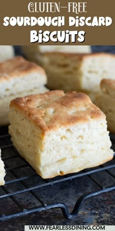 gluten - free sourdough biscuits on a cooling rack with text overlay