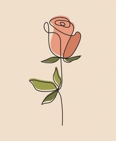 a single pink rose with green leaves on a beige background, hand - drawn illustration