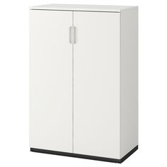 a white cabinet with two doors and black trim