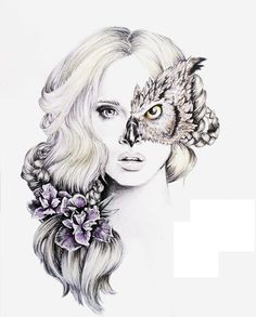 a pencil drawing of a woman with an owl on her face and flowers in her hair