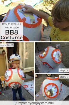 a collage of photos showing how to make a bbg costume for a child