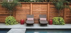 two chairs sitting in front of a wooden fence with plants growing on top of it