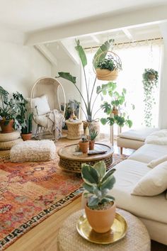 a living room filled with lots of furniture and potted plants on top of a rug