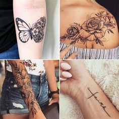 four different tattoos on women's arms and chest, one with a cross and the other with roses