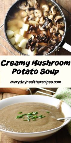 creamy mushroom potato soup in a white bowl on a wooden table with text overlay