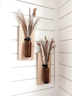 two brown vases with dried plants in them are mounted on wood planks against a white wall