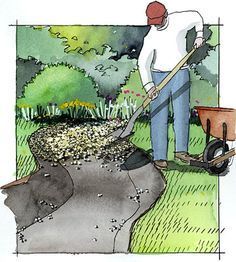 a drawing of a man with a wheelbarrow shoveling through the ground next to a garden