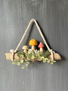 three mushrooms are sitting on top of a piece of driftwood hanging from a rope