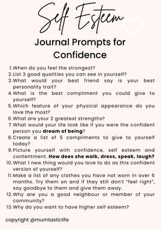 51 Journal Prompts for Self Esteem and Confidence. Journaling prompts for Confidence, Going through a challenging time, for moms and for self-development. Happy journaling! Working On Self Esteem, Confidence Boosting Journal Prompts, Journal For Insecurity, Journaling For Self Esteem, Journal Prompts Insecurity, Journal Prompts For Self Love And Confidence, Shadow Work Journal Prompts Self Esteem, Journal Prompts For Resentment, Journal Prompts For Rejection