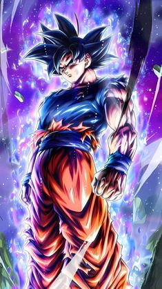 the dragon ball gohan character is shown in front of purple and blue background with stars