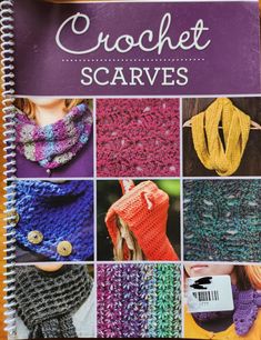 the book is open to show pictures of crochet scarves