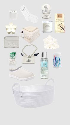 the contents of a white basket are shown