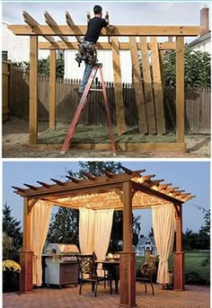 two pictures of a man on a ladder working on a gazebo with curtains over it