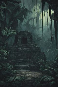 an image of a jungle scene with stairs in the middle and trees on either side