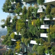 an apartment building with plants growing on it's side and balconies above the windows