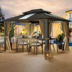 a gazebo on a deck next to a swimming pool with chairs and tables around it