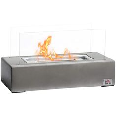 a fire pit with flames in it on a white background and an empty glass case