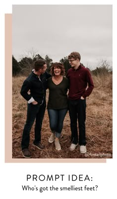 two men and a woman standing next to each other with the caption prom idea who's got the smallest feet?