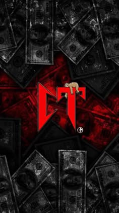 a bunch of money that is on top of a red and black background with the letter t