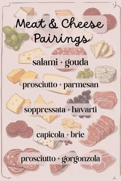 a poster with different types of cheeses and meats on it's side