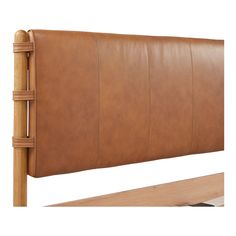 a brown leather headboard with wooden slats on the sides and an angled foot board