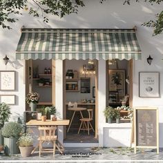 an outside view of a cafe with potted plants