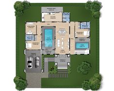 an aerial view of the floor plan for a house with swimming pool and hot tub