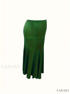 Lasaky - Exquisite Maxi Mermaid Skirt for Plus Size Women, Featuring a Solid Slim Fit and Chic Ruffle Trim Accentuating Graceful Elegance Green Fitted Long Maxi Skirt, Elegant Stretch Bottoms With Mermaid Hem, Elegant Fishtail Summer Skirt, Fitted Green Maxi Skirt For Party, Green Fitted Maxi Skirt For Party, Green Stretch Full-length Skirt, Green Stretch Maxi Skirt With Lining, Green Stretch Long Skirt, Green Stretch Flared Skirt