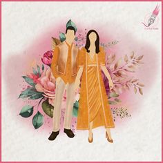 two people standing next to each other in front of pink flowers and leaves on a white background