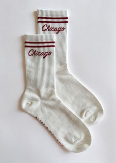 **Alice & Wonder original design**This throwback sock has all the features of a fave: super-soft feel, perfect fit, classic stripe detail and of course CHICAGO. Maroon double stripe Chicago script. 100% Cotton. One Size Fits Most. Mad Hatter Hat, Sweat Sets, Red Words, Grey Socks, Oxford Blue, Knit Bottom, Crew Sock, Football Tees, Newest Jordans