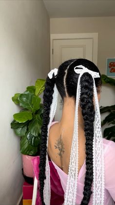 Ribbon Braids Black Women, Braided Loops Hairstyle, Big Bow Short Hair, Dutch Braids With Ribbon, Fishtail Braid Natural Hair, Pig Tails Aesthetic, Braided Hairstyles With Bows, Long Hair Protective Styles, 2nd Grade Hairstyles