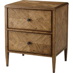 a wooden nightstand with two drawers on one side and an open drawer on the other