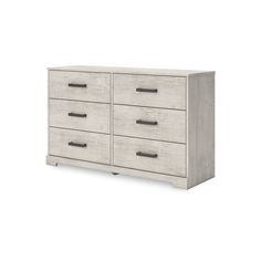 a white dresser with four drawers and two doors on each side, in front of a white background