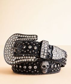 BKE Glitz Skull Leather Belt - Black Large, Women's Black Rhinestone and stud textured 1 1/2 leather belt Shot bead trim Interchangeable metal buckle. Due to the nature of leather/suede, small variances of color in the skin may occur, this is in no way considered a defect. These are inherent characteristics of leather/suede and will enhance the individual look of your garment.. Genuine leather. Apparel & Accessories Studded Belts, Skull Belt, Scene Queens, Women's Belts, Belt For Women, Studded Belt, Belt Black, Beaded Trim, Black Rhinestone