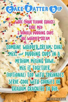 cake batter dip recipe in a white bowl with sprinkles on the side